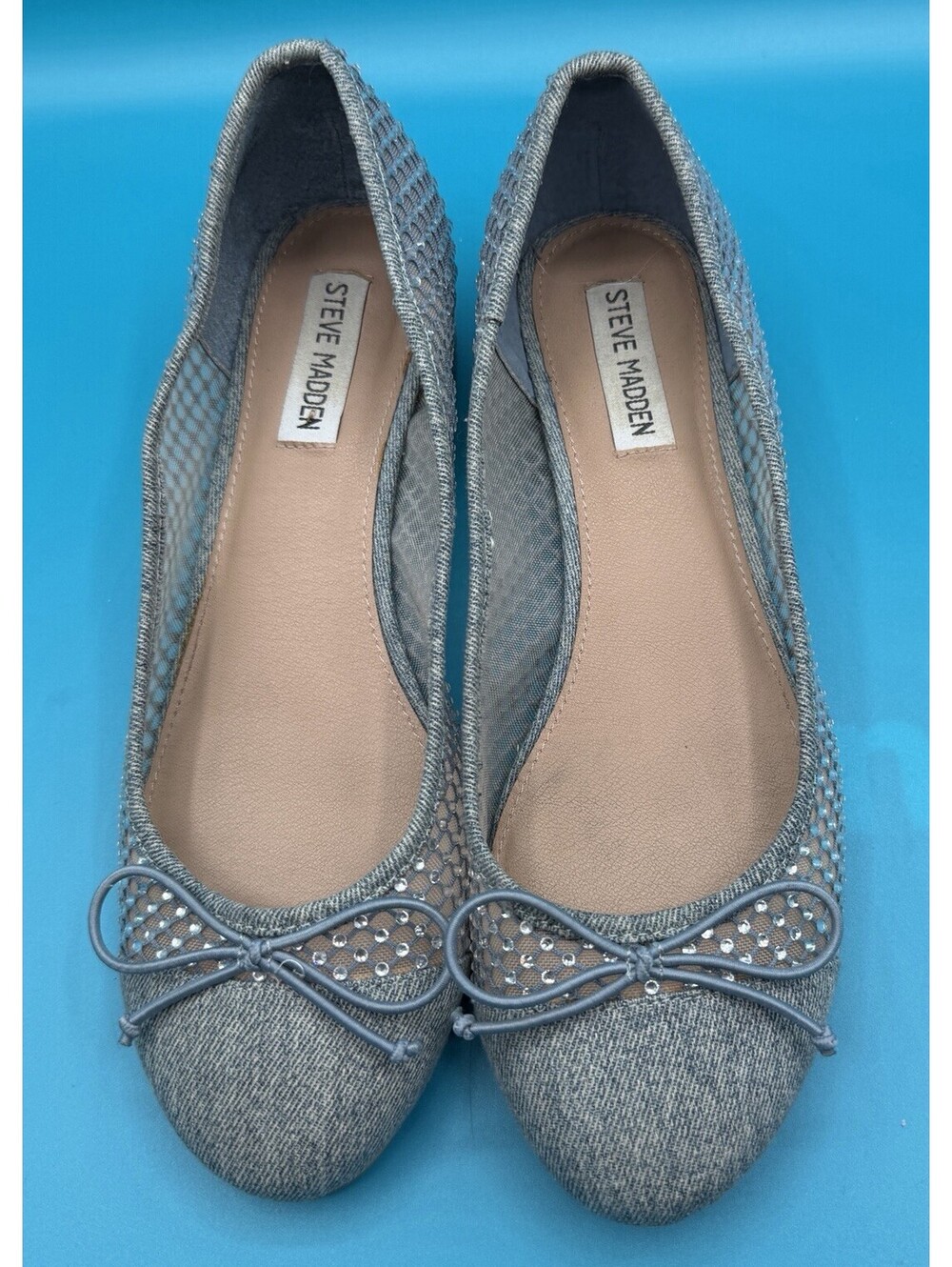 Steve Madden Cherish Denim Rhinestone Mesh Ballet Flats Bow Size 10 GUC
